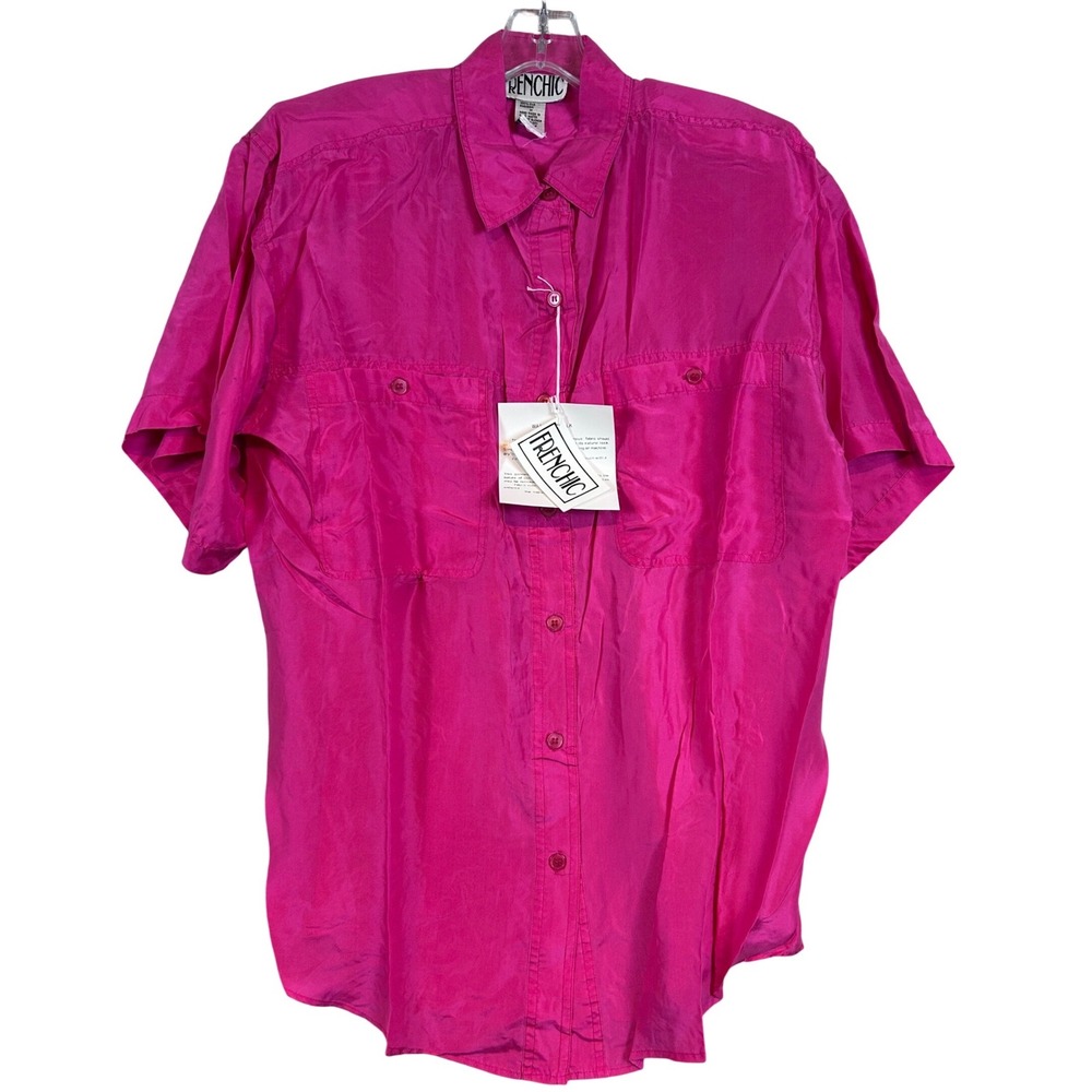 NWT VTG Women Fuchsia Washable Silk Short Sleeve‎ Button Up Shirt Frenchic MED